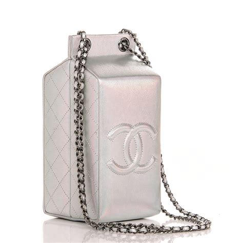 CHANEL Metallic Goatskin Lait de Coco Milk Carton Bag Silver .